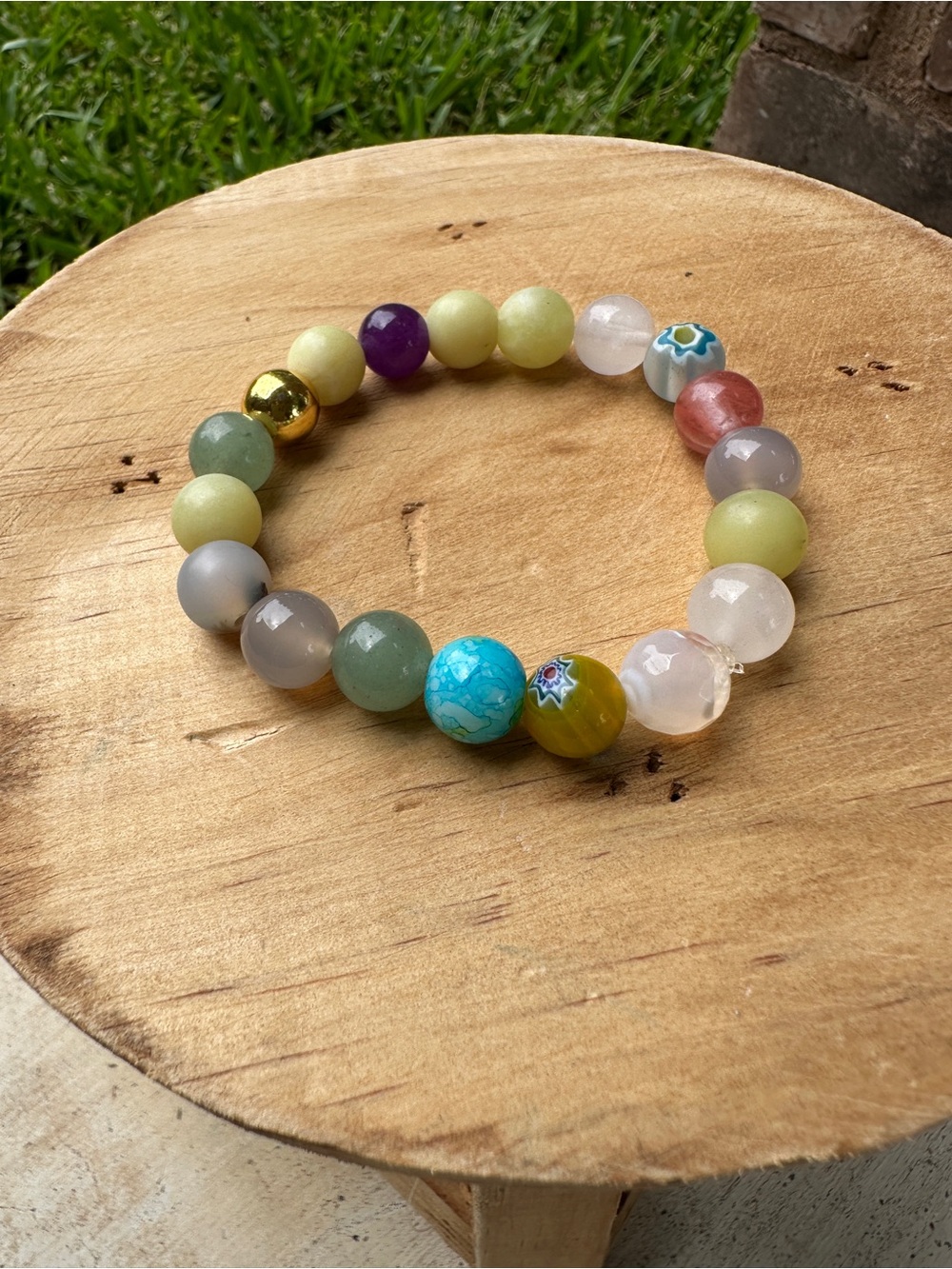 Multicolor Beaded Bracelet with rainbow gemstones and Gold Accent